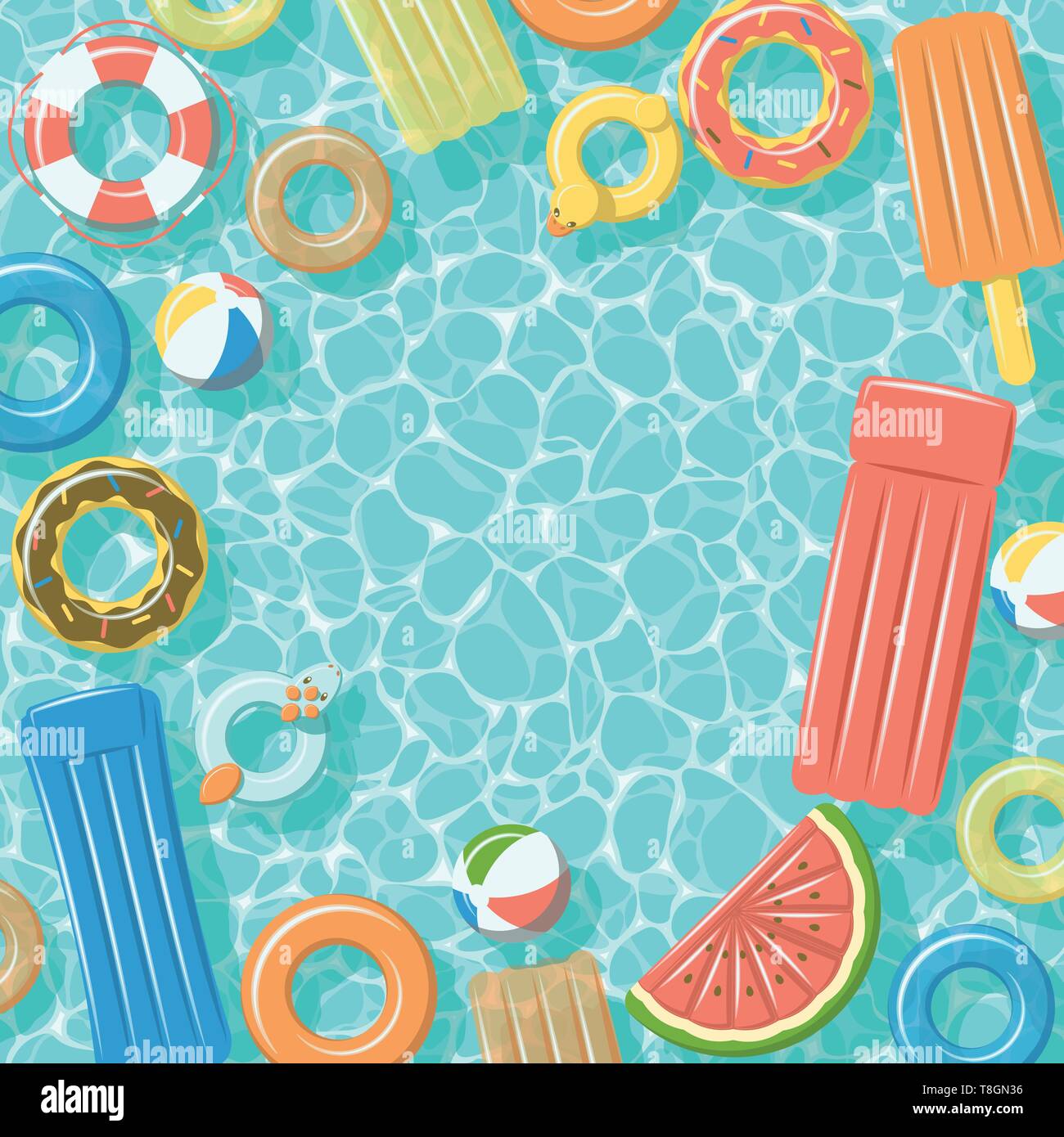Piscine vue de dessus avec des anneaux en caoutchouc gonflables, des radeaux, ballon de plage et bouée Illustration de Vecteur