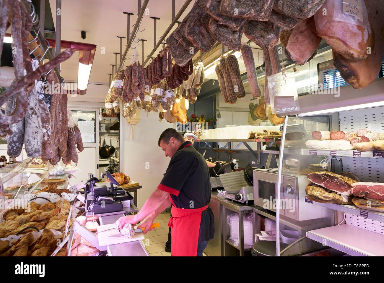 France, Gers, Eauze, David Perencin, boucherie et Charcuterie Cugini Banque D'Images