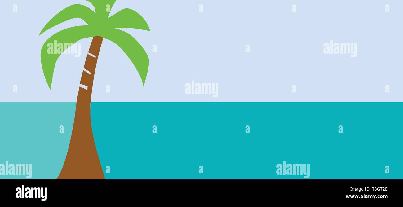 Vector banner tour operator, coucher avec palmier sur la mer. Fond plat simple Illustration de Vecteur