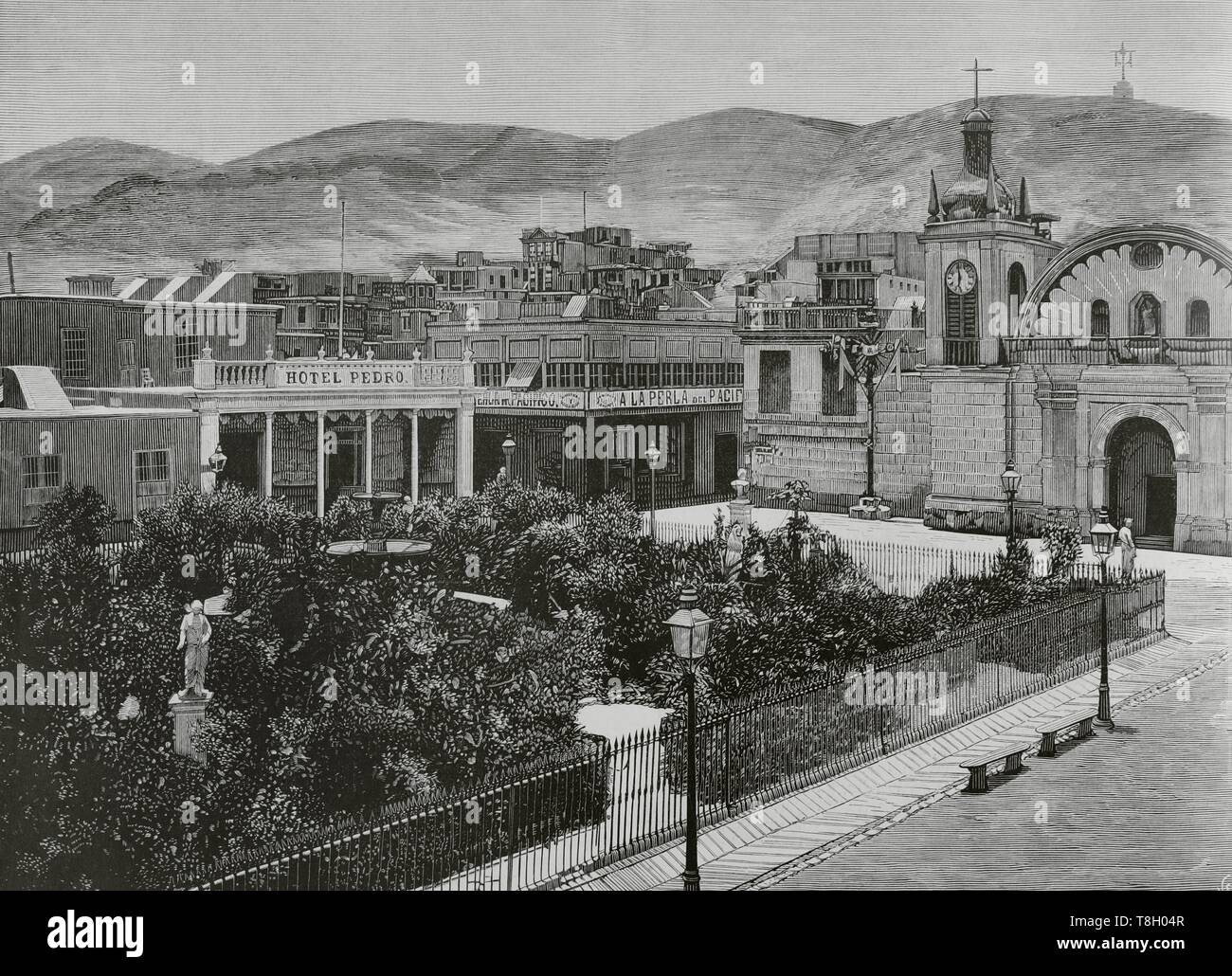 Guerra del Pacífico o Guerra del Salitre. Conflicto sparksville que enfrentó un chili contra los aliados de Bolivia y Perú, 1879-1883. Perú. Chorrillos. Vista de la plaza principal de la localidad, antes de la batalla del 13 de enero. Gravure por Vila. La Ilustración Española y Americana, 8 de mayo de 1881. Banque D'Images
