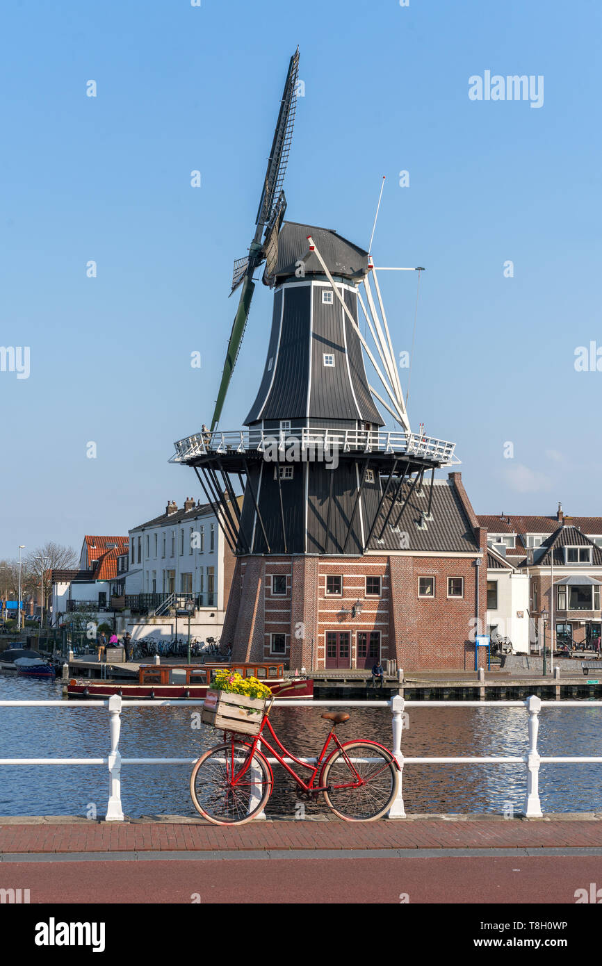 Haarlem, Pays-Bas - 14 Avril 2019 : Vue de la ville de Harlem avec Adriaan moulin sur la rivière Spaarne sur fond à midi à Haarlem, Pays-Bas Banque D'Images