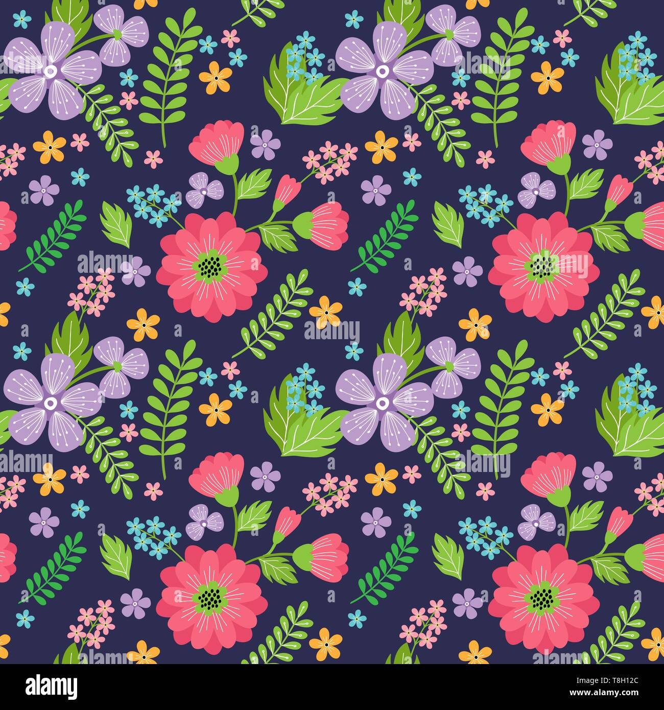 Seamless vector dessinés à la main avec motif floral de fleurs roses et lilas Illustration de Vecteur