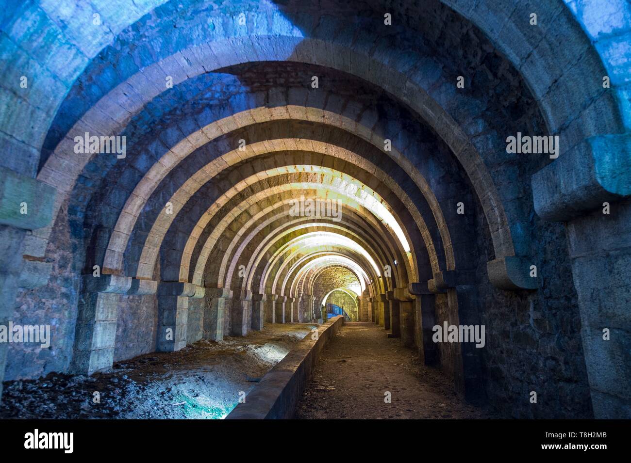France, Jura, Salin les Bains, dans les tunnels de la grande saline inscrite au Patrimoine Mondial de l'UNESCO, l'installations souterraines pour l'exploitation du sel encore du travail Banque D'Images