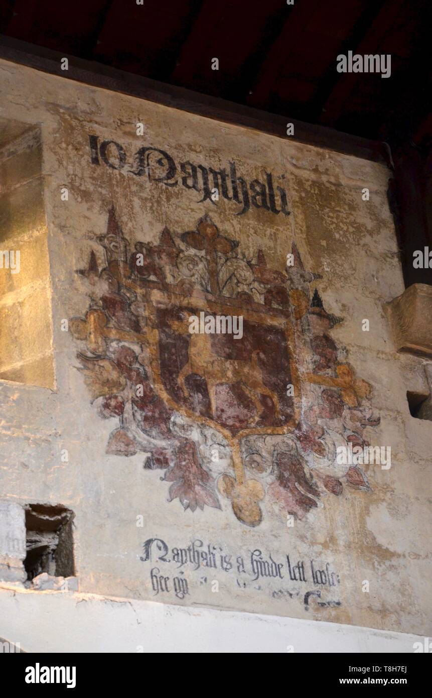 Peintures murales médiévales dans la nef de l'église paroissiale de St Laurent, la peste Village d'Eyam, Derbyshire, Royaume-Uni. Banque D'Images