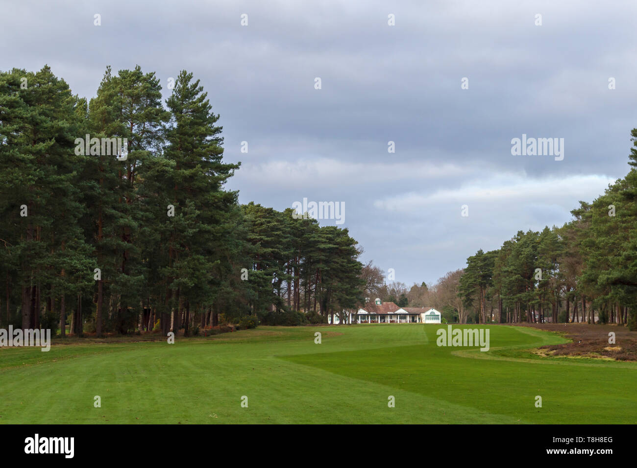 Avis de Woking Golf Club et le club-house à Hook Heath, Woking le long de l'allée sur un jour nuageux avec ciel couvert Banque D'Images