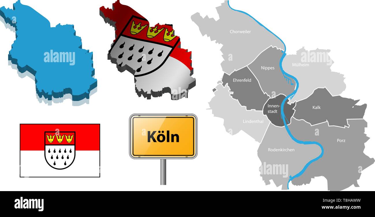 Carte de Cologne avec les districts, drapeau et placez-name sign vector Illustration de Vecteur