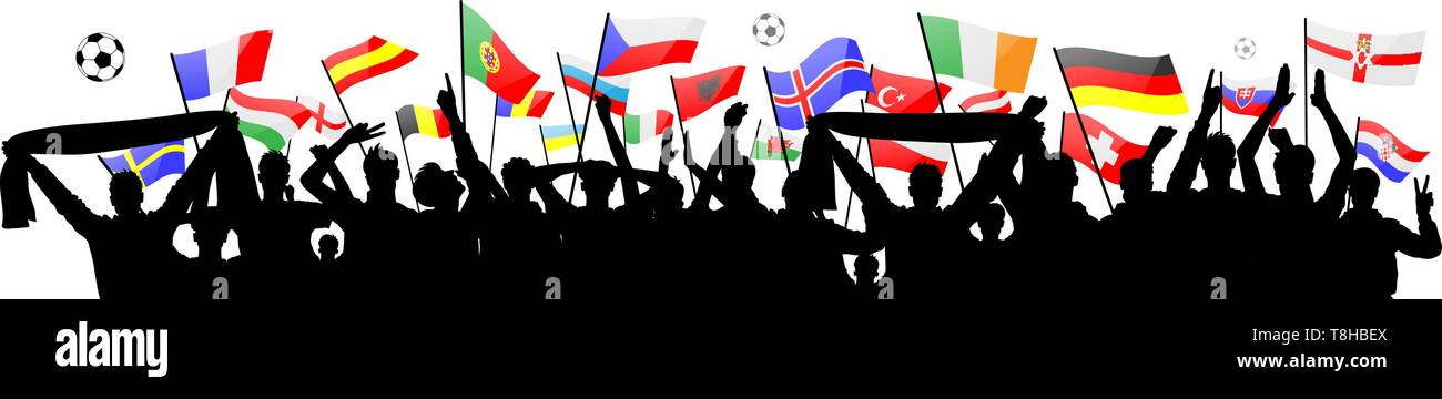 Les amateurs de soccer silhouette aux drapeaux européens Illustration de Vecteur