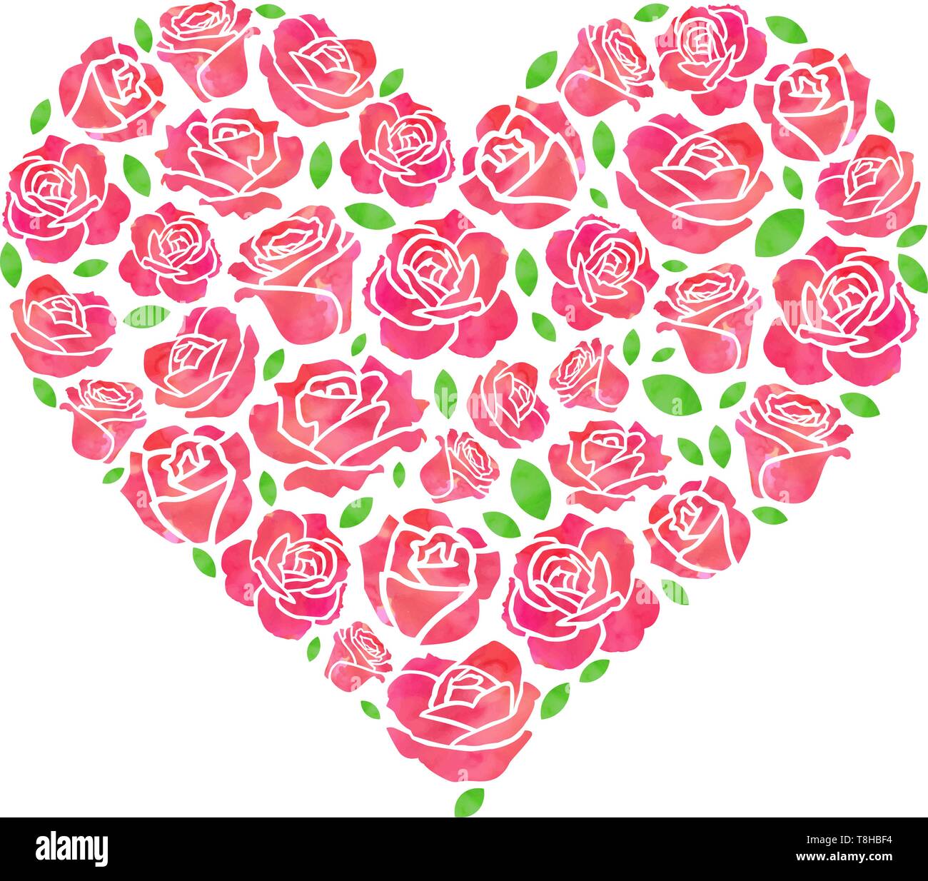 Aquarelle rouge coeur roses avec feuilles vertes Illustration de Vecteur