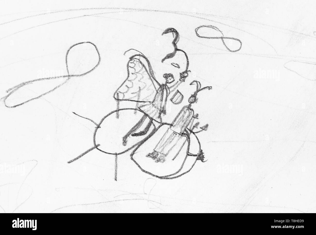 Croquis de fée et flying devil sur bee dans le ciel à la main par crayon noir sur papier blanc Banque D'Images