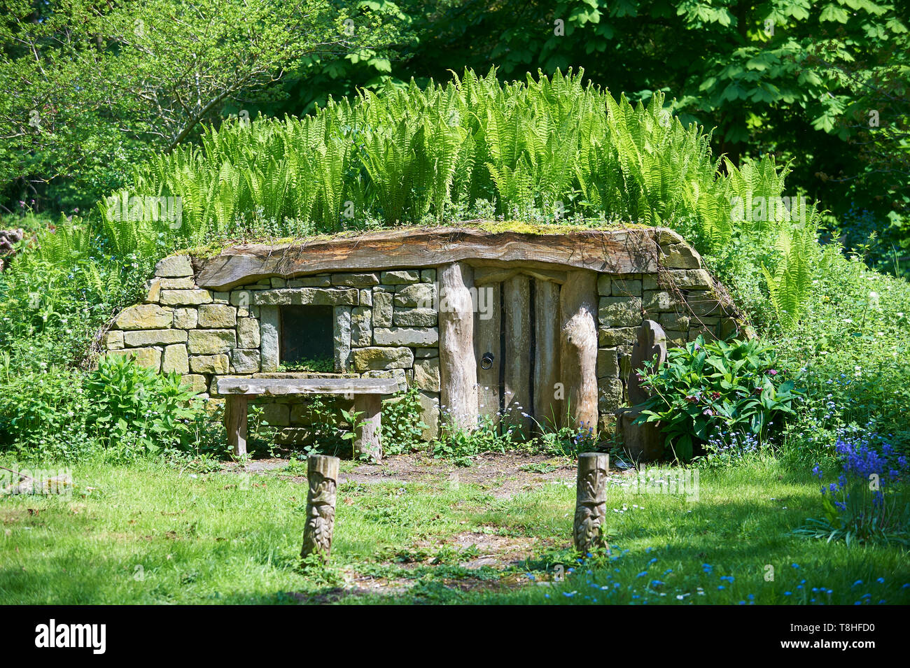 Maison de Hobbits avec le printemps de fougères et de jacinthes (Hyacinthoides non-scripta ) croître autour de lui. East Riding of Yorkshire, UK, FR. Banque D'Images