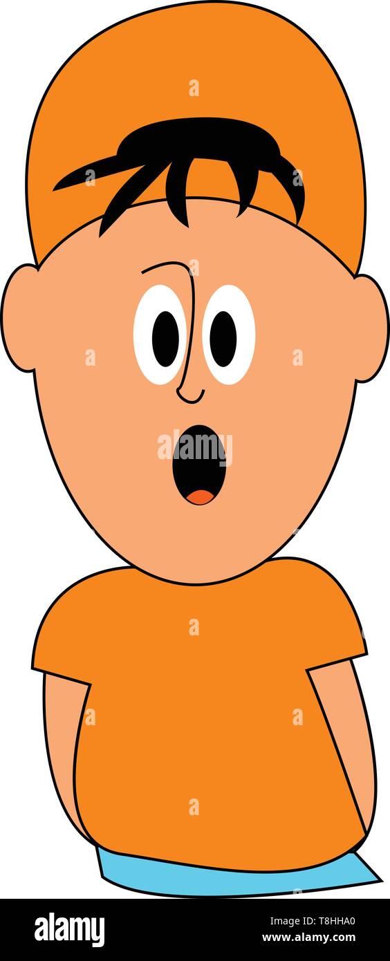 Un enfant surpris avec la bouche grande ouverte avec un bouchon orange et une chemise orange, Scénario, dessin en couleur ou d'illustration. Illustration de Vecteur