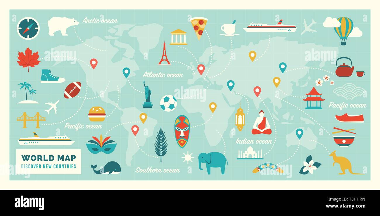 Carte du monde avec les itinéraires de voyage, des destinations et des sites de tous les continents : les vacances et les voyages concept Illustration de Vecteur