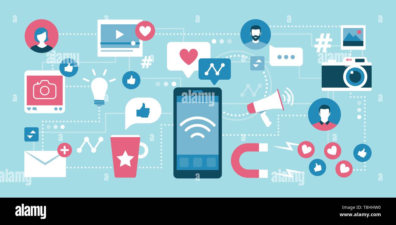 Gestion de réseau social et de la communication : smartphone et de réseau social media icons et concept Illustration de Vecteur