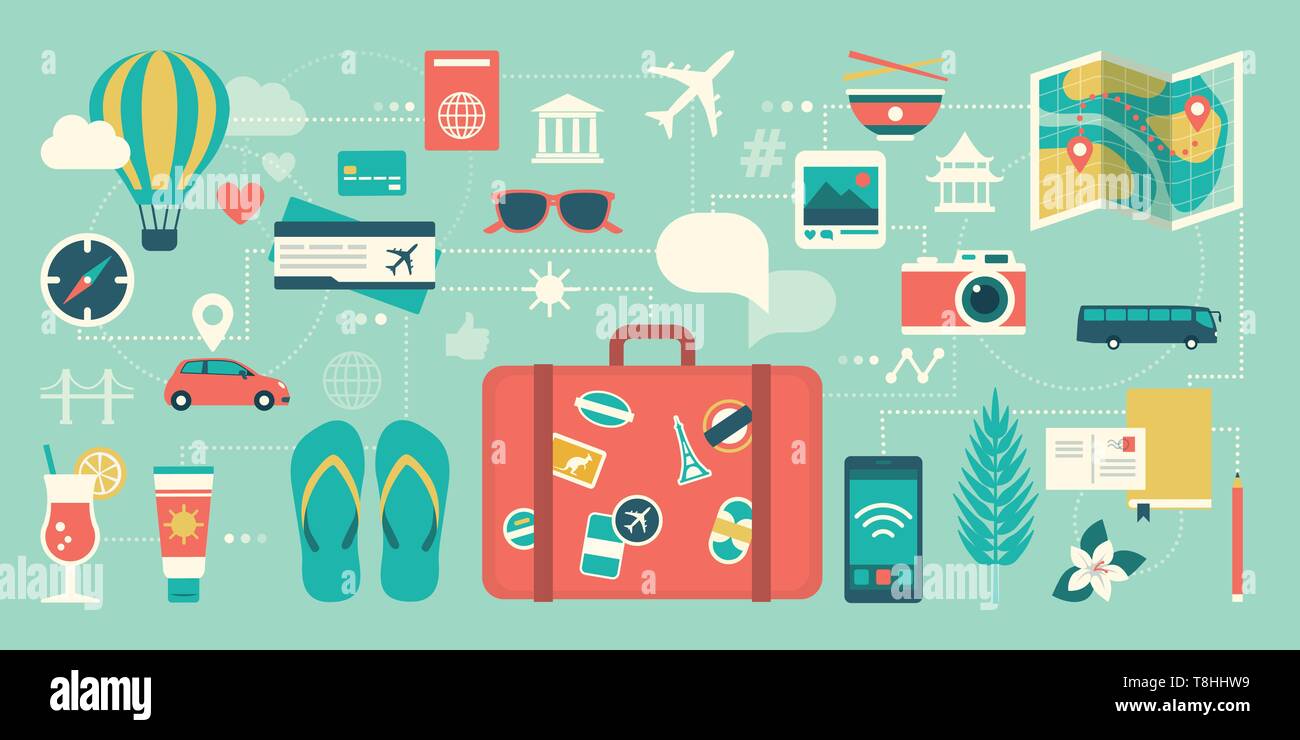 Vacances d'été et les voyages internationaux : valise, smartphone et réseau d'icônes de voyage Illustration de Vecteur