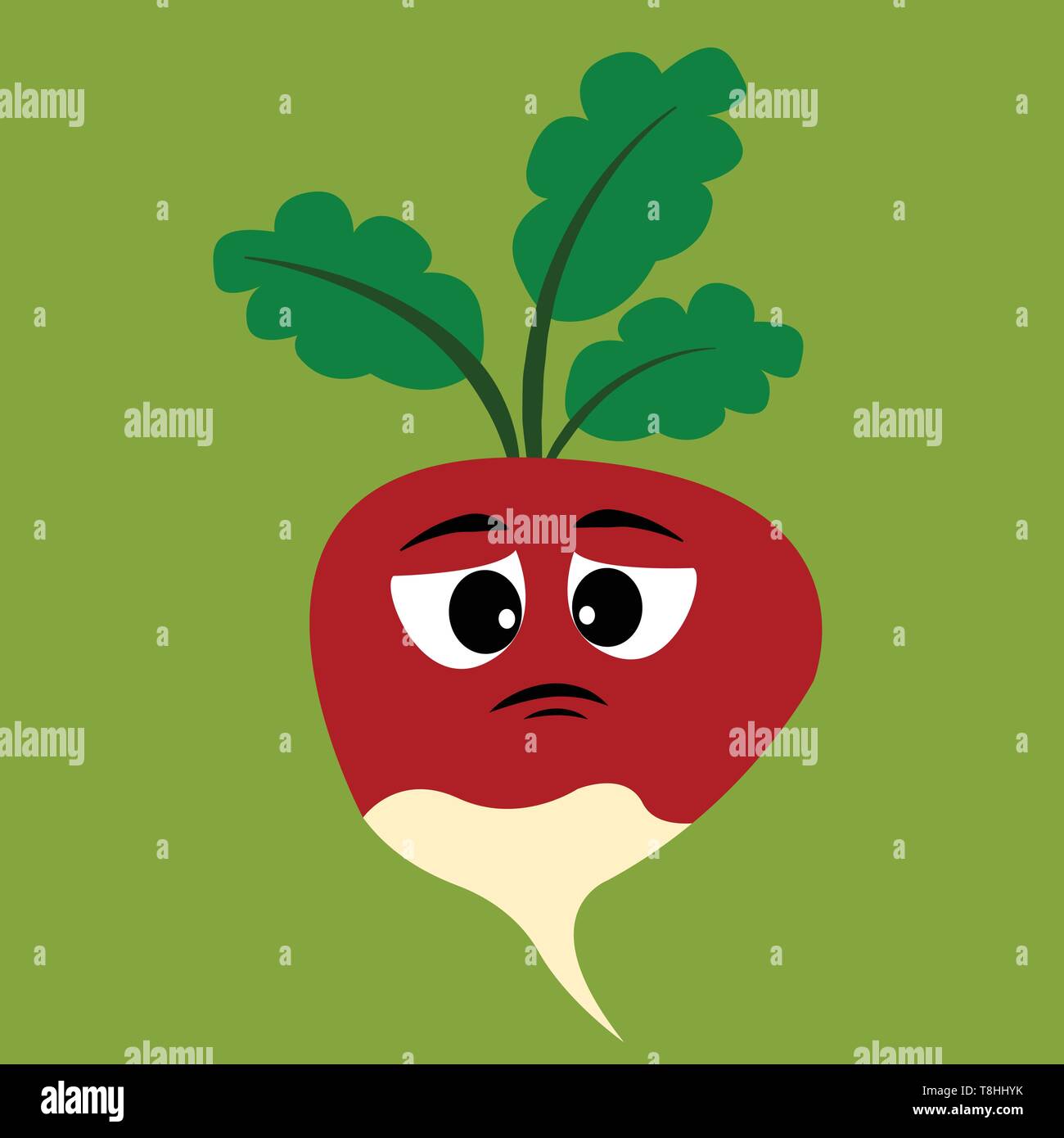 Une triste radis rouge avec des feuilles vertes, Scénario, dessin en couleur ou d'illustration. Illustration de Vecteur