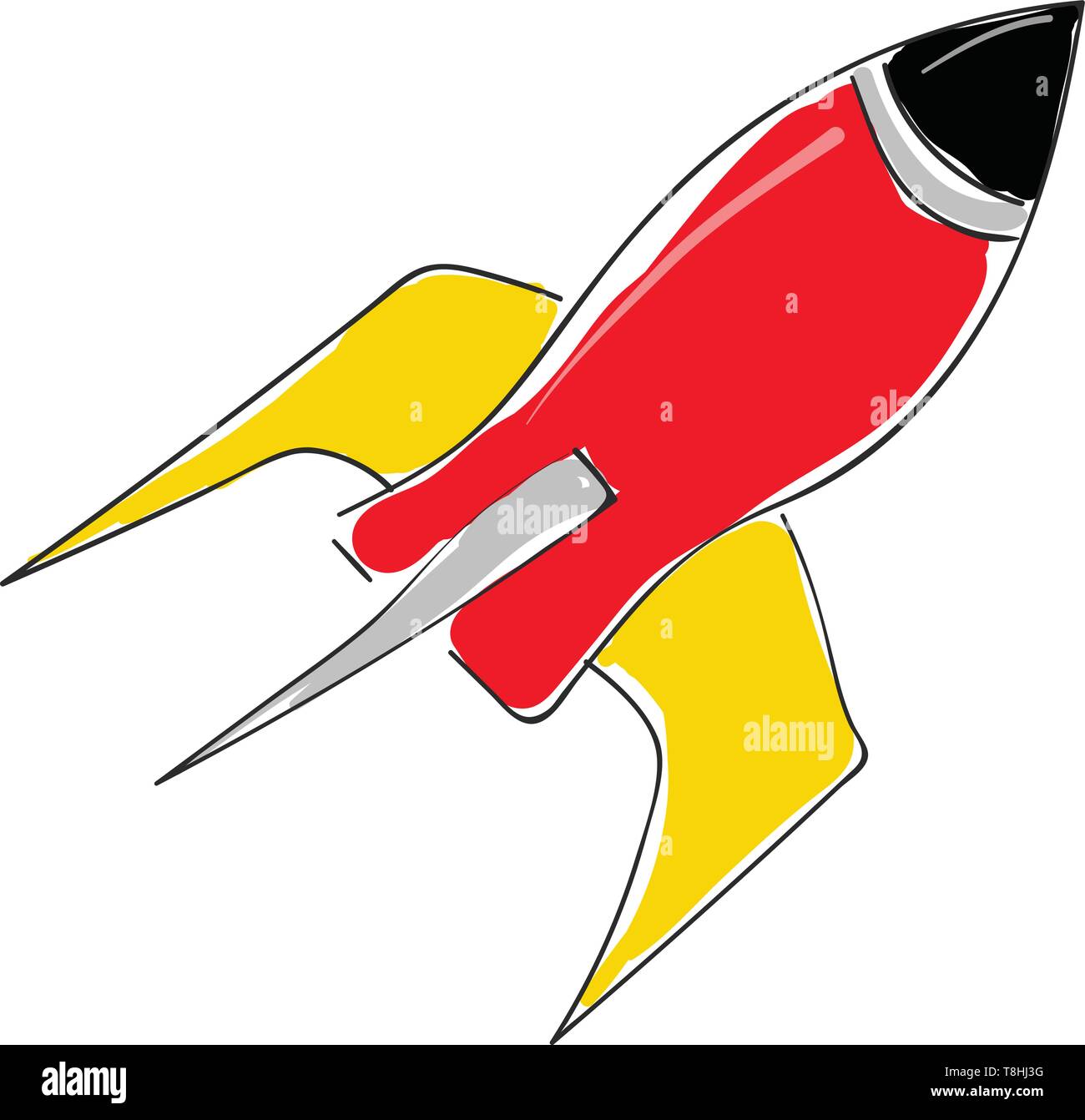 Une fusée rouge jaune avec des nageoires et un cockpit noir, Scénario, dessin en couleur ou d'illustration. Illustration de Vecteur
