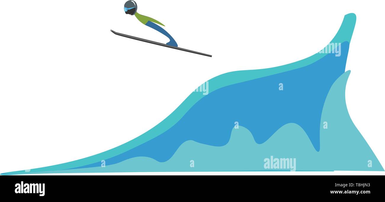 Un homme saut à ski sur une plaque de glace et de neige, Scénario, dessin en couleur ou d'illustration. Illustration de Vecteur