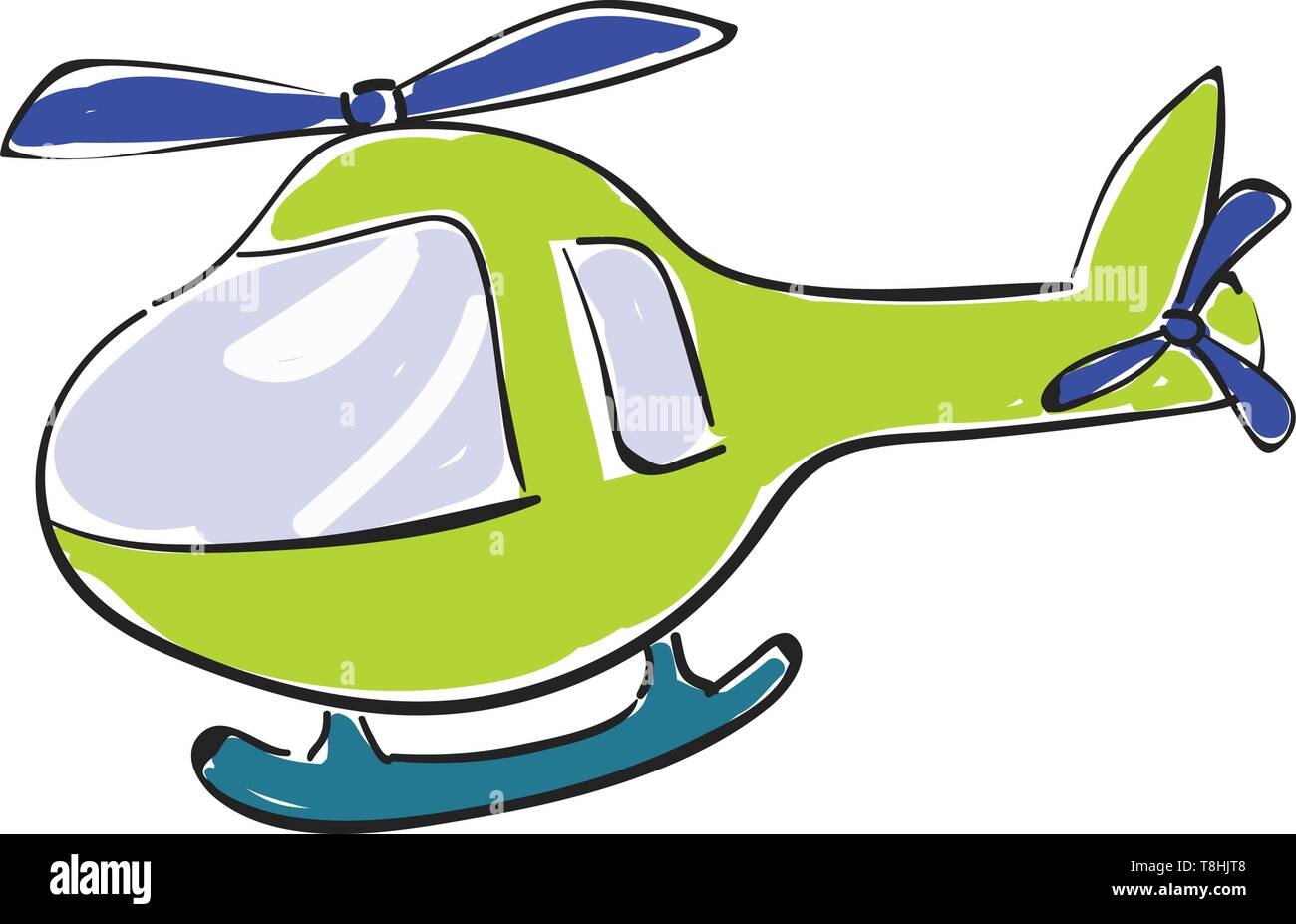 Un petit hélicoptère vert avec antidérapant, anti-couple du rotor de queue et le rotor blade dans la couleur bleue, utilisé pour le transport de personnes, de marchandises ou d'autres fournitures, ve Illustration de Vecteur