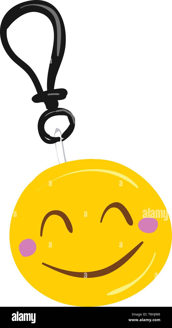 Emoji smiley souriant émotion metal trousseau avec une clé avec un sourire fermé tournant jusqu'à la joue, Scénario, dessin en couleur ou d'illustration. Illustration de Vecteur