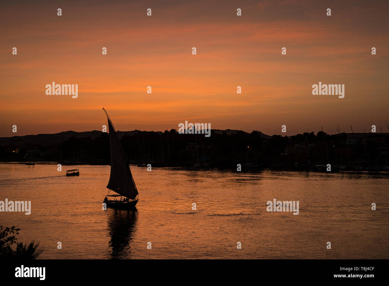 Silhouette d'une felouque voile au coucher du soleil, l'île Eléphantine, Assouan, Egypte Banque D'Images