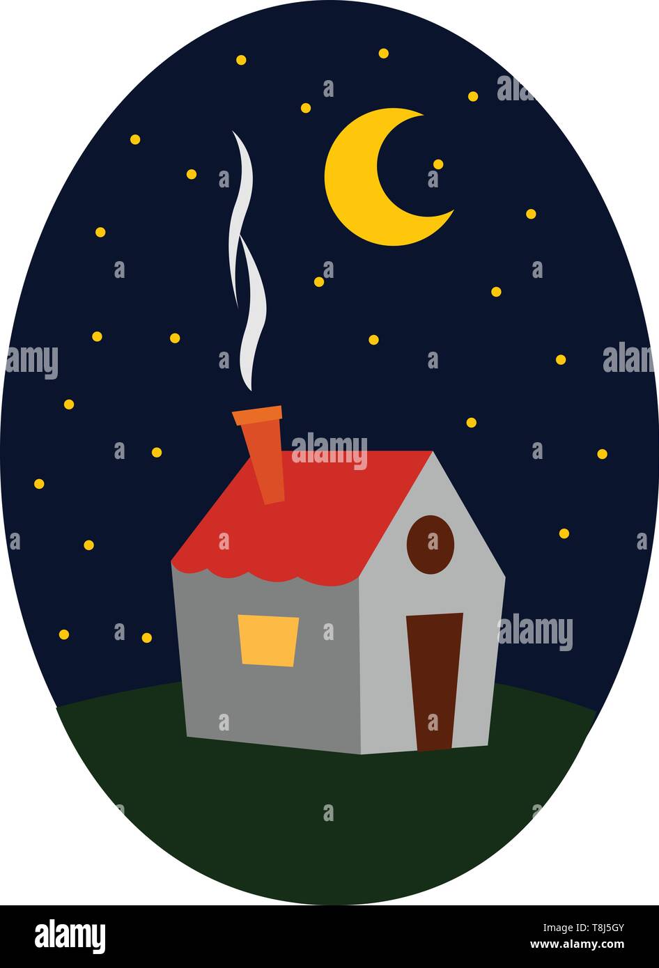 Une belle petite maison au toit rouge et une cheminée fumant ouvert à beau ciel nocturne, Scénario, dessin en couleur ou d'illustration. Illustration de Vecteur