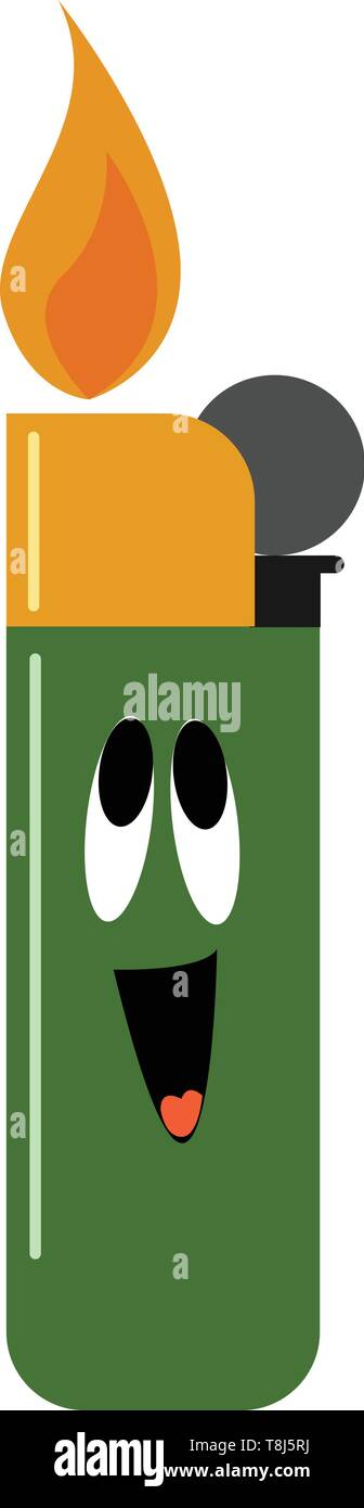 Un livre vert de l'Emoji rougeoyant plus léger avec une petite flamme utilisé pour allumer des cigarettes a un visage mignon avec les yeux roulés et de la langue a collé dehors en riant, Illustration de Vecteur