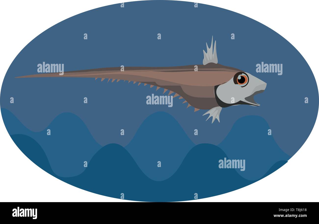 Portrait de la brown Macrourus poisson avec crampons sur leur corps allongé nage tandis que la bouche grande ouverte sur fond bleu, Scénario, dessin en couleur ou Illustration de Vecteur