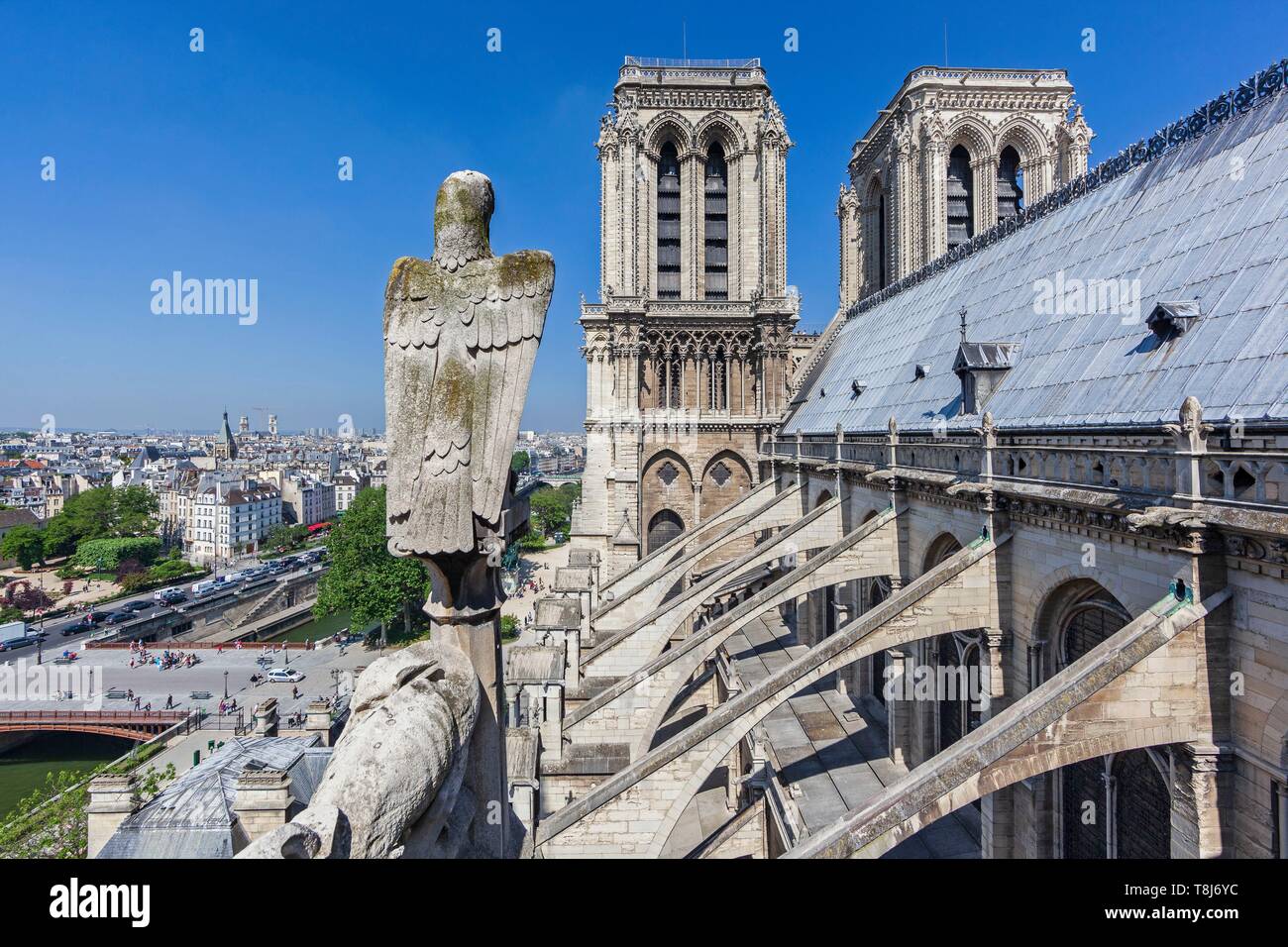 France, Paris, d'une zone inscrite au Patrimoine Mondial de l'UNESCO, la cathédrale Notre-Dame sur l'île de la ville, les clochers, les toits et les arcs-boutants (archive) Banque D'Images