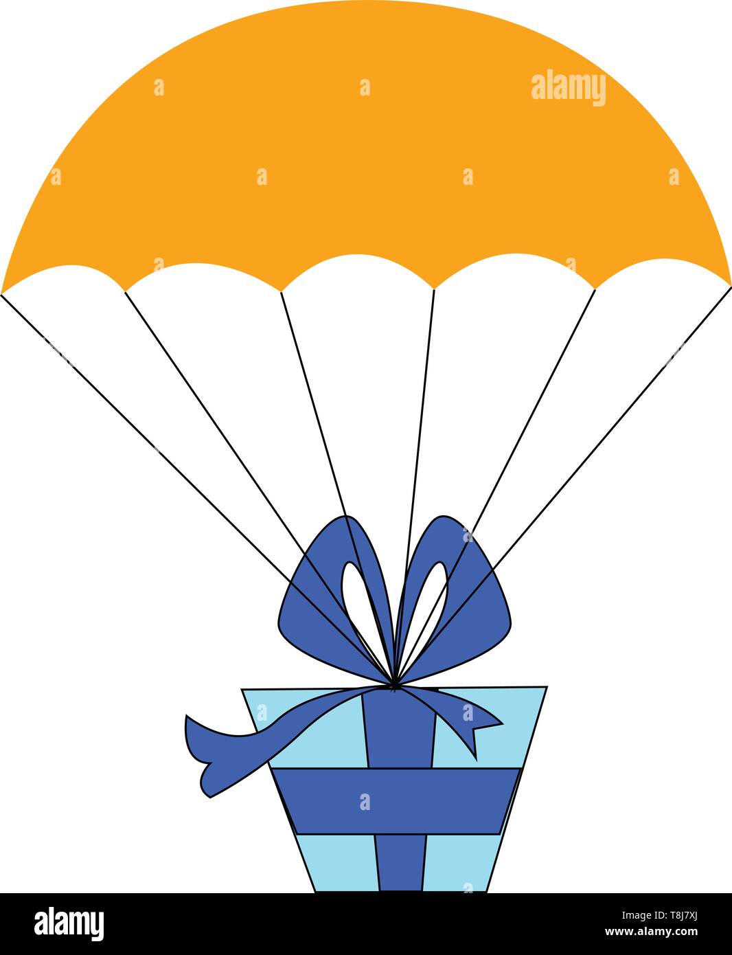 Boîte cadeau bleue surmontée d'un ruban bow-comme attaché au parachute orange grand parapluie soufflée par l'air d'être livré à une personne spéciale, Illustration de Vecteur