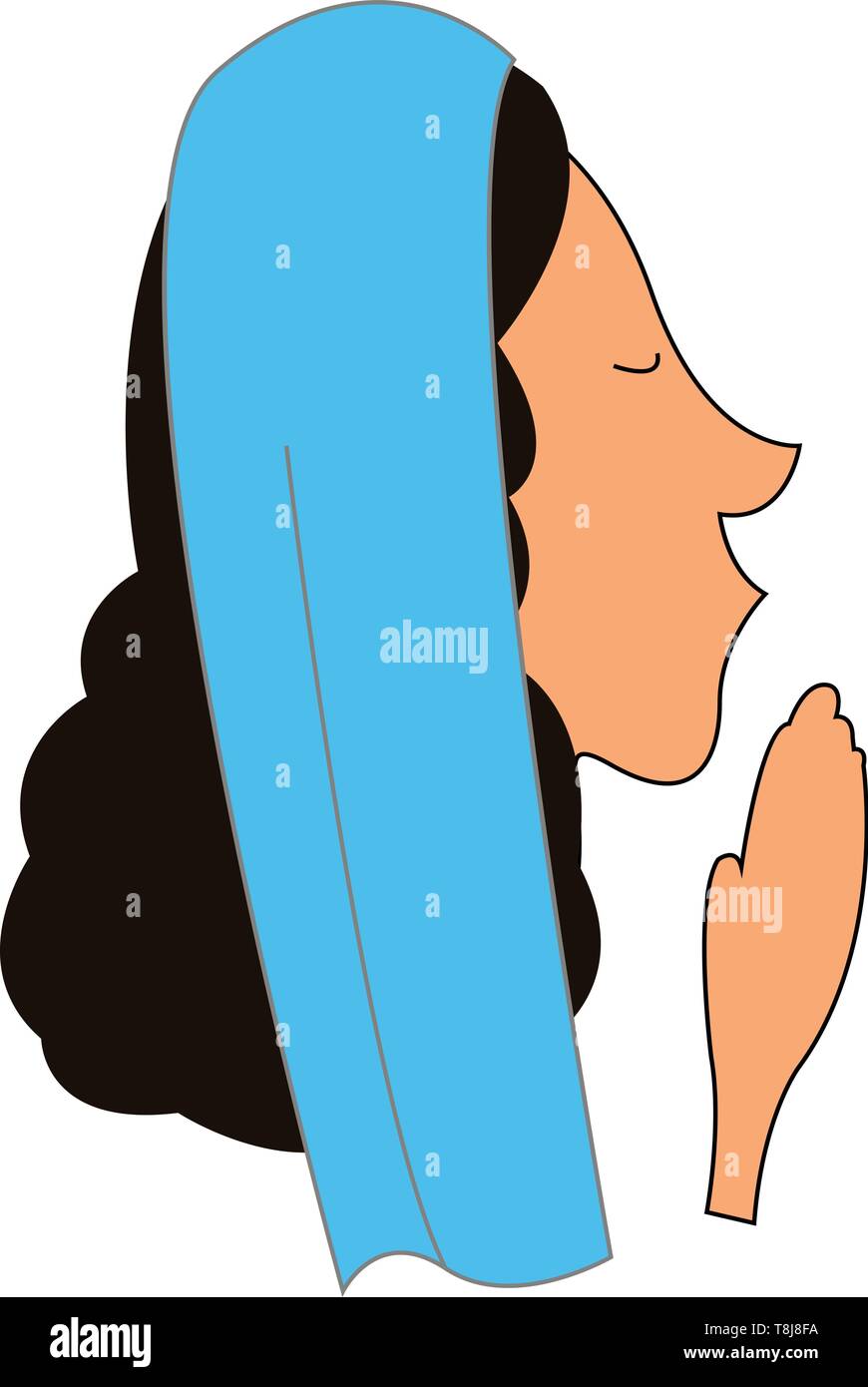 Un visage d'une femme avec de longs cheveux noirs bouclés, nez pointu, les mains ensemble et un châle bleu sur sa tête a fermé les yeux en priant, scénario, couleur Illustration de Vecteur
