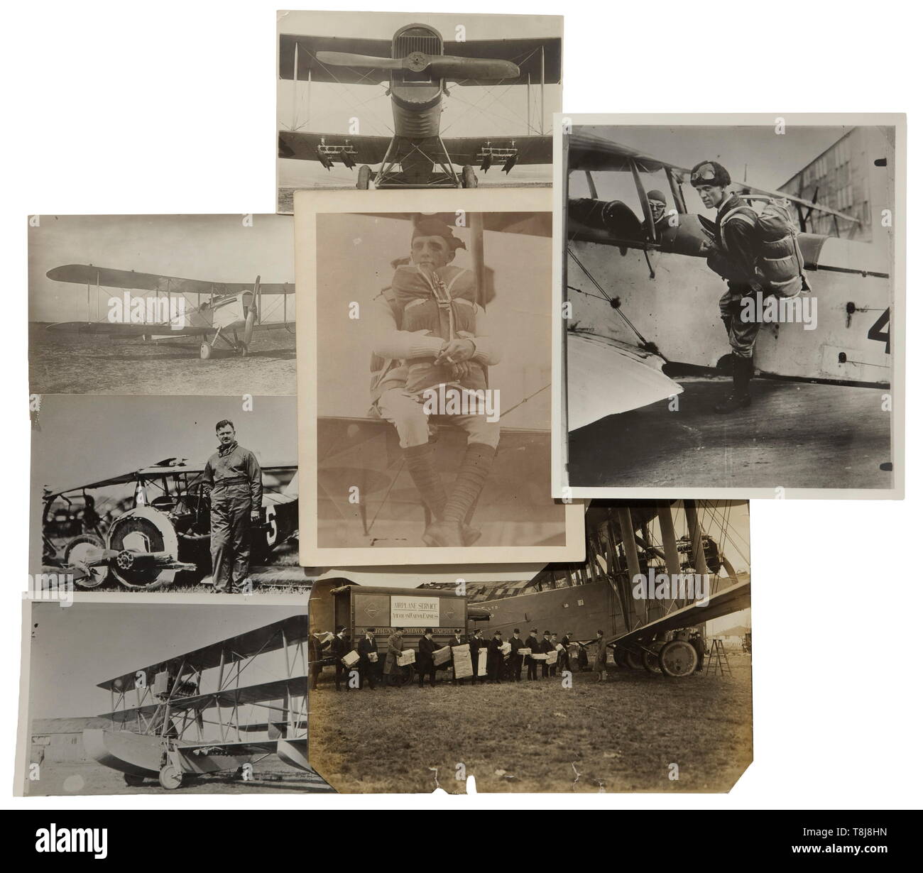 Les photographies des biens du légendaire aviateur américain George C. Pomeroy Plus de 30 grande taille photos (13 x 18 cm) de l'aviateur américain. Les images montrent les biplans et monoplans avec de bons détails techniques, partiellement sous-titrées au dos. Avec l'anglais calculatrice triangle et quelques cartes postales. Intéressant succession d'un pilote américain qui a été formé par les célèbres pionniers Wilbur et Orville Wright. G.C. Pomeroy enregistré plus de 28 000 heures de vol de ces jours et les deux guerres mondiales., historique, les pays fournisseurs, les troupes, les forces armées, militaire, militaria, Editorial-Use-seulement Banque D'Images