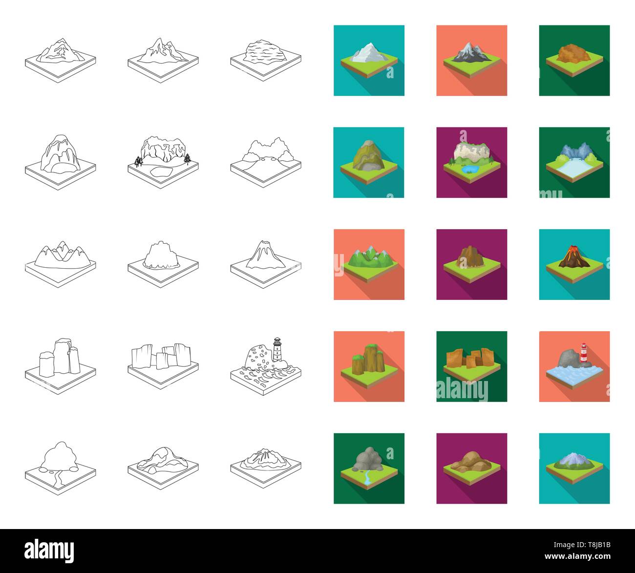 Montagnes, contours massive,télévision icônes de collection set pour la conception. La surface de la terre symbole isométrique vecteur illustration de stock. Illustration de Vecteur