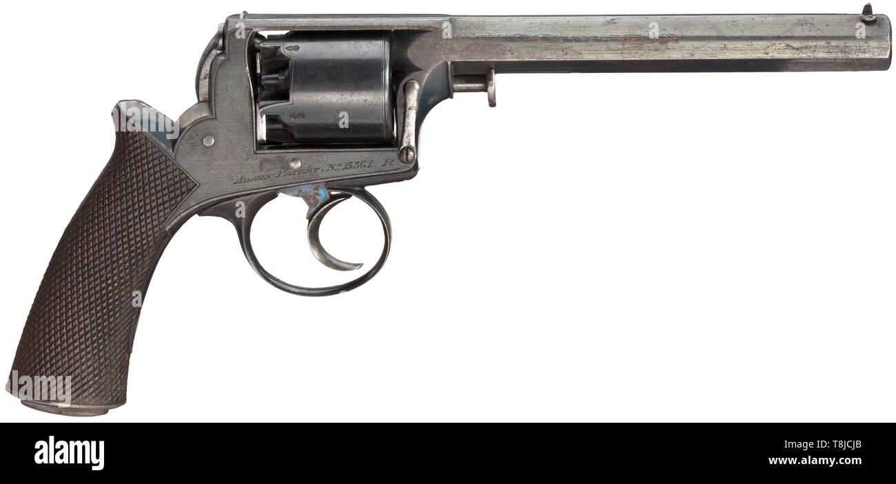 Un revolver Deane Adams dans son cas, Londres, circa 1851/52 Cal. L'alésage de 8,5 mm (90), no. 13361.R. Alésage lumineux, canon octogonal, longueur 4 3/4', sur le côté marqué 'Deane Adams & Deane, 30 King William St. London Bridge' et l'acceptation des points. 5-shot cylindre avec plusieurs marques et numéros d'acceptation, du côté droit du bâti aussi avec nombre, à l'avant de mal bâti estampillé 'D.A.-D'( ?) et '120'. Bâti de crosse en bois et panneaux avec poignée fine quadrillage. Avec de bonnes surfaces de finition plus tôt. Longueur 27 cm. Vient en cas bordée de tissu vert-Clearance-Info Additional-Rights,,-Not-Available Banque D'Images