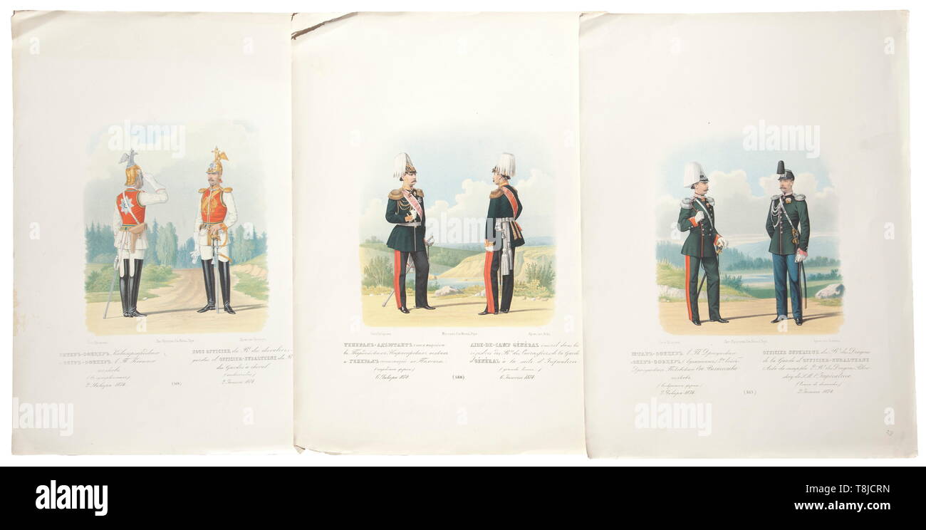 Un dossier avec 91 grandes chromolithographs de l'armée russe, circa 1880 représentations d'officiers et soldats de différents régiments. Edition avec le titre (tr.) "des modifications dans l'équipement et l'uniforme de l'armée russe sous l'empereur Alexandre Nikolaevitch 1874-1876'. Collés à l'intérieur différents labels tels que l'un de la bibliothèque de la 2e Brigade d'artillerie. Surtout bon état. Quelques feuilles tachées ou couper les bords, partiellement endommagés. Format des feuilles principalement 46 x 34 cm. Historique Historique, rare., 19e siècle, Additional-Rights Clearance-Info-Not-Available- Banque D'Images