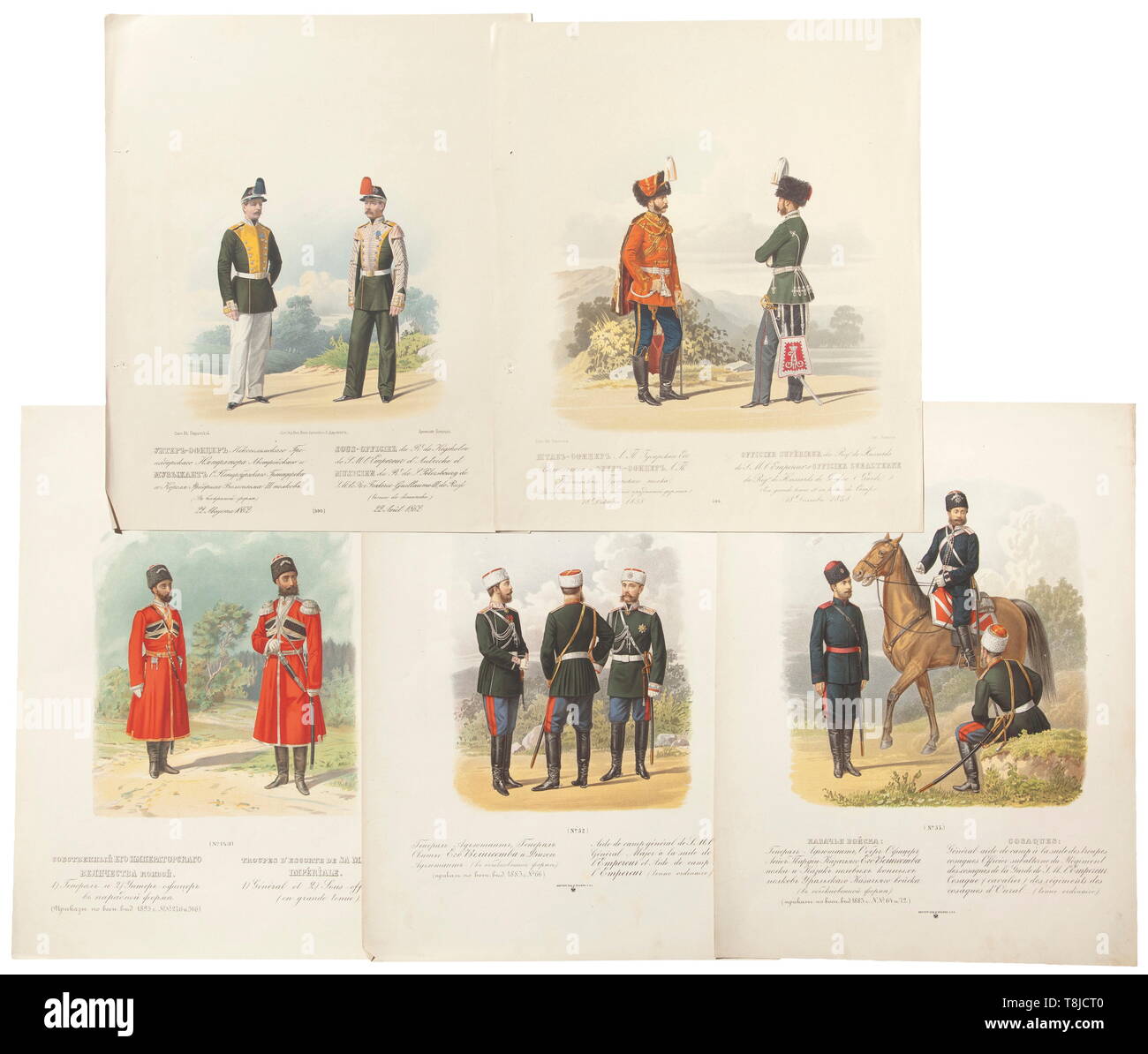 Un dossier avec 91 grandes chromolithographs de l'armée russe, circa 1880 représentations d'officiers et soldats de différents régiments. Edition avec le titre (tr.) "des modifications dans l'équipement et l'uniforme de l'armée russe sous l'empereur Alexandre Nikolaevitch 1874-1876'. Collés à l'intérieur différents labels tels que l'un de la bibliothèque de la 2e Brigade d'artillerie. Surtout bon état. Quelques feuilles tachées ou couper les bords, partiellement endommagés. Format des feuilles principalement 46 x 34 cm. Historique Historique, rare., 19e siècle, Additional-Rights Clearance-Info-Not-Available- Banque D'Images