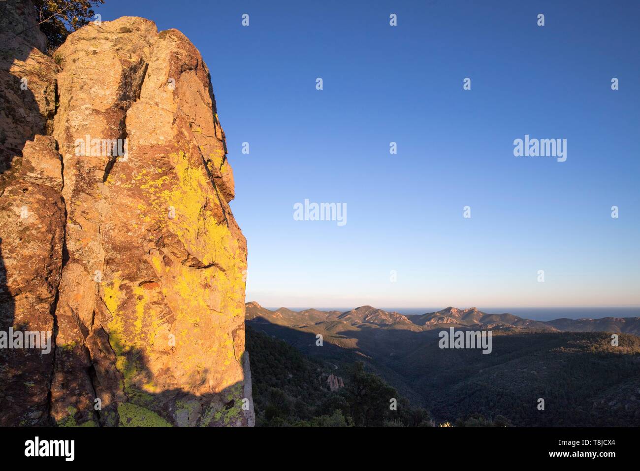 La France, Var, Fréjus, massif de l'Esterel, rouge de la rhyolite du rocher d'origine volcanique recouvert de lichen jaune, dans l'arrière-plan les sommets de la pointe du Cap Roux Banque D'Images