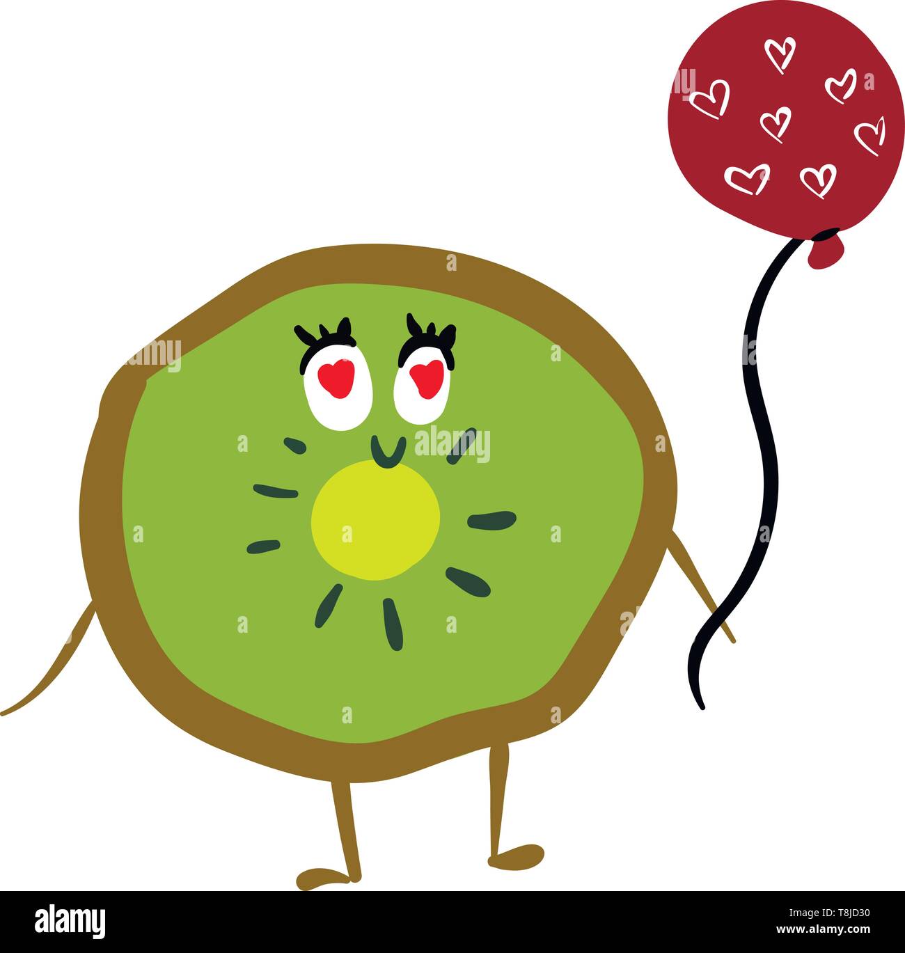 Un kiwi heureux souriant tenant un ballon rouge à l'âme de conception, Scénario, dessin en couleur ou d'illustration. Illustration de Vecteur