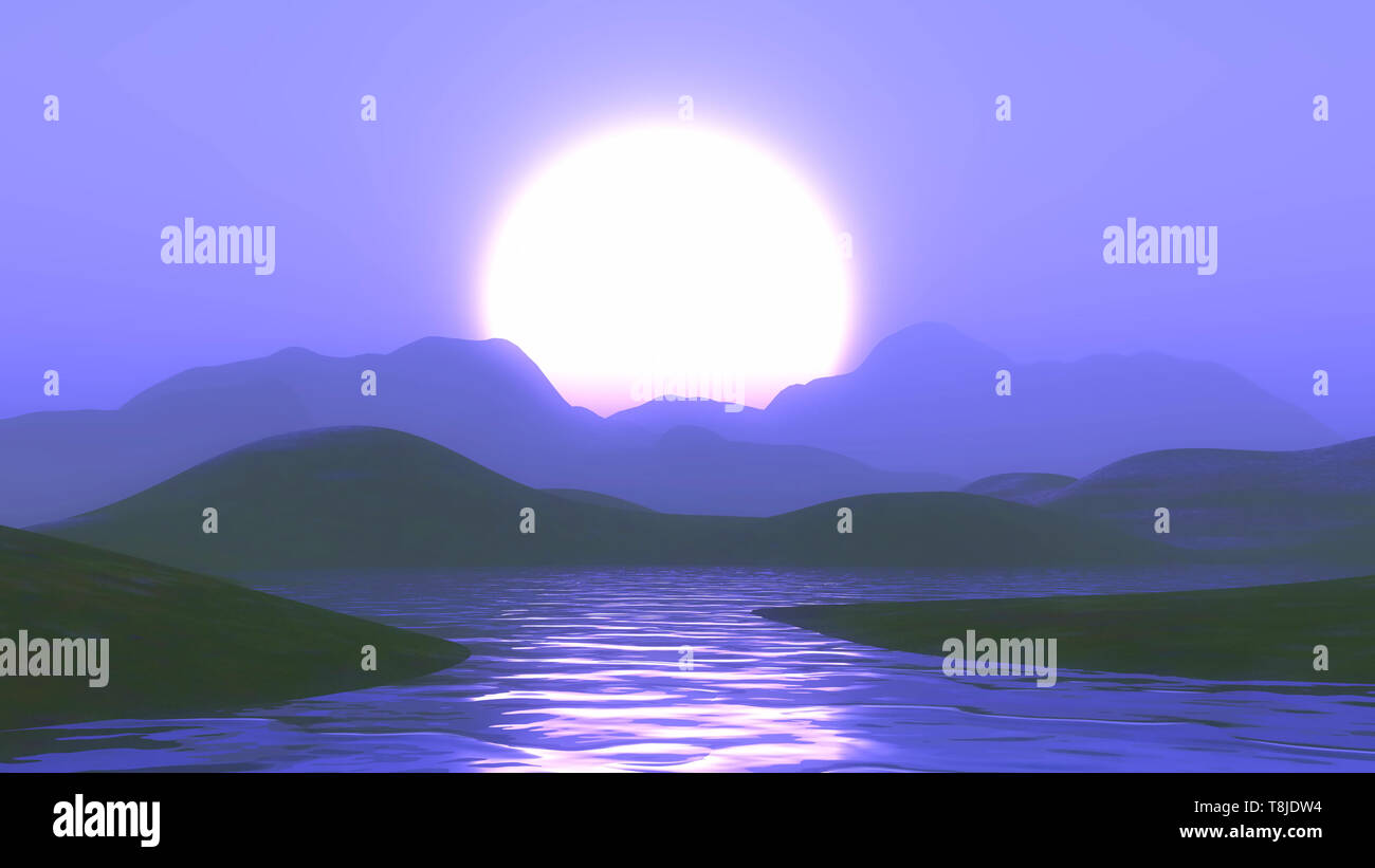 3D render of lac et montagne contre un ciel coucher de soleil pourpre Banque D'Images