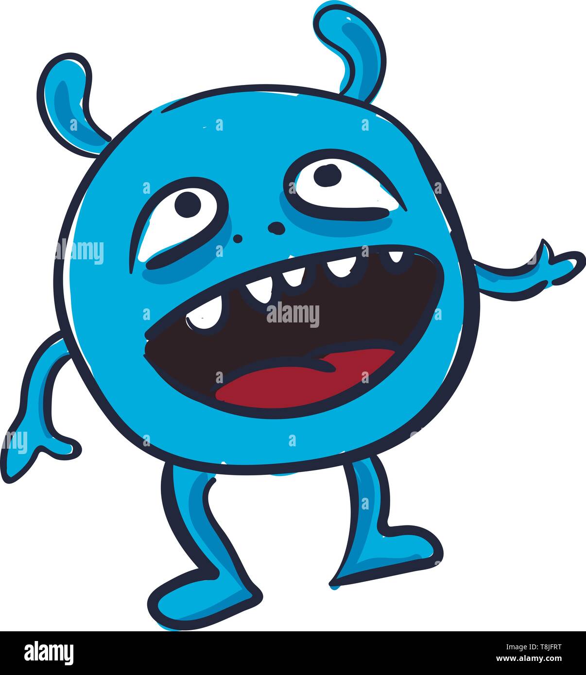Blue Monster tour avec grande bouche, effrayant les dents, de grands yeux et mains jambes et deux cors, Scénario, dessin en couleur ou d'illustration. Illustration de Vecteur