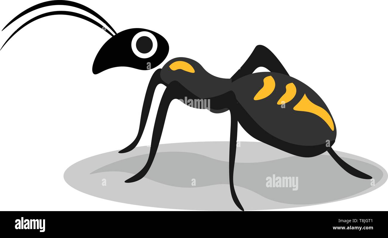 Un petit, noir-gris ant avec des yeux larges, avec des taches jaunes, avec antenne, Scénario, dessin en couleur ou d'illustration. Illustration de Vecteur