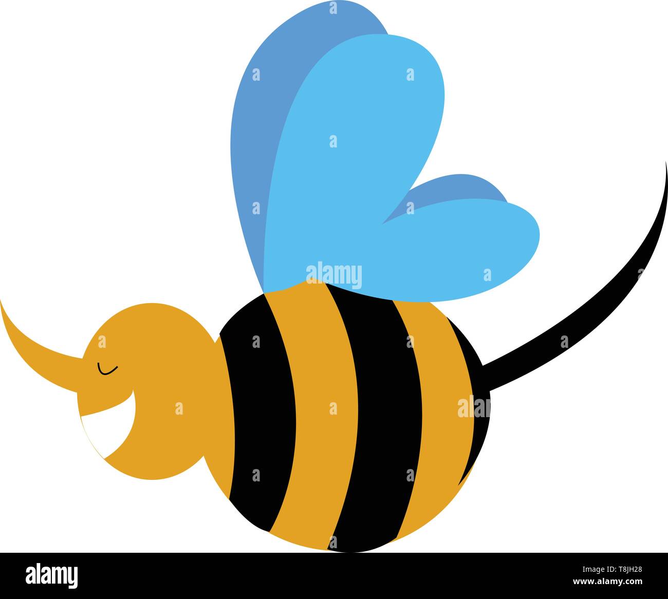 Un battant jaune à rayures et d'abeille noire, avec des ailes bleu, l'air heureux, souriant, avec antenne jaune, avec queue noire, Scénario, dessin en couleur ou illustrat Illustration de Vecteur