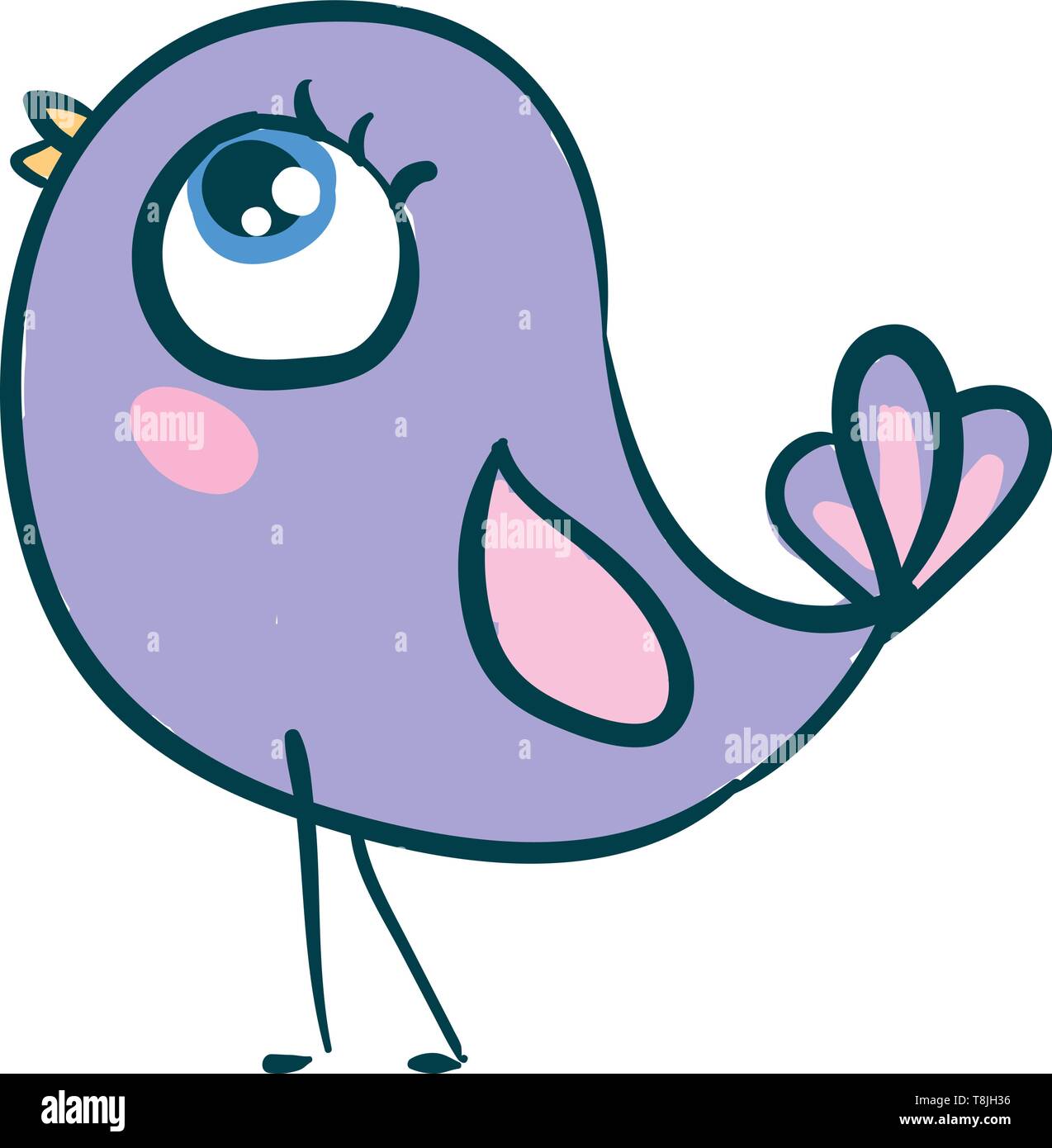 Une aile rose violette avec oiseau, avec de grands yeux, avec bec jaune, Scénario, dessin en couleur ou d'illustration. Illustration de Vecteur