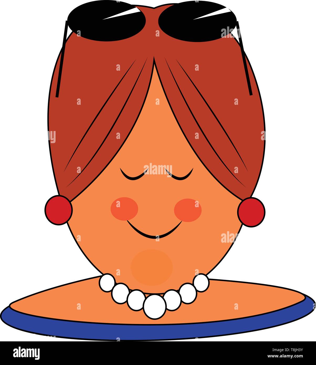 Une grande femme avec collier blanc, avec des lunettes sur la tête, avec des boucles d'oreilles, portant un turban rouge, les yeux fermés, souriant, Scénario, dessin en couleur ou illust Illustration de Vecteur