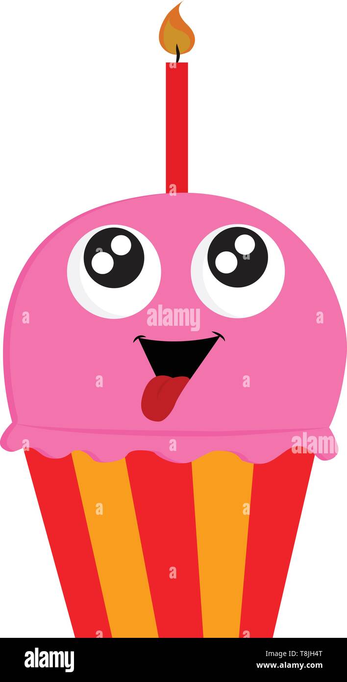 Un Anniversaire Rose Cupcake Avec Un Visage De Grands Yeux Et Langue Rouge Hors De La Bouche Avec Bougie Rouge Jaune Et Rouge De Base Scenario Dessin En Couleur Ou Image Vectorielle