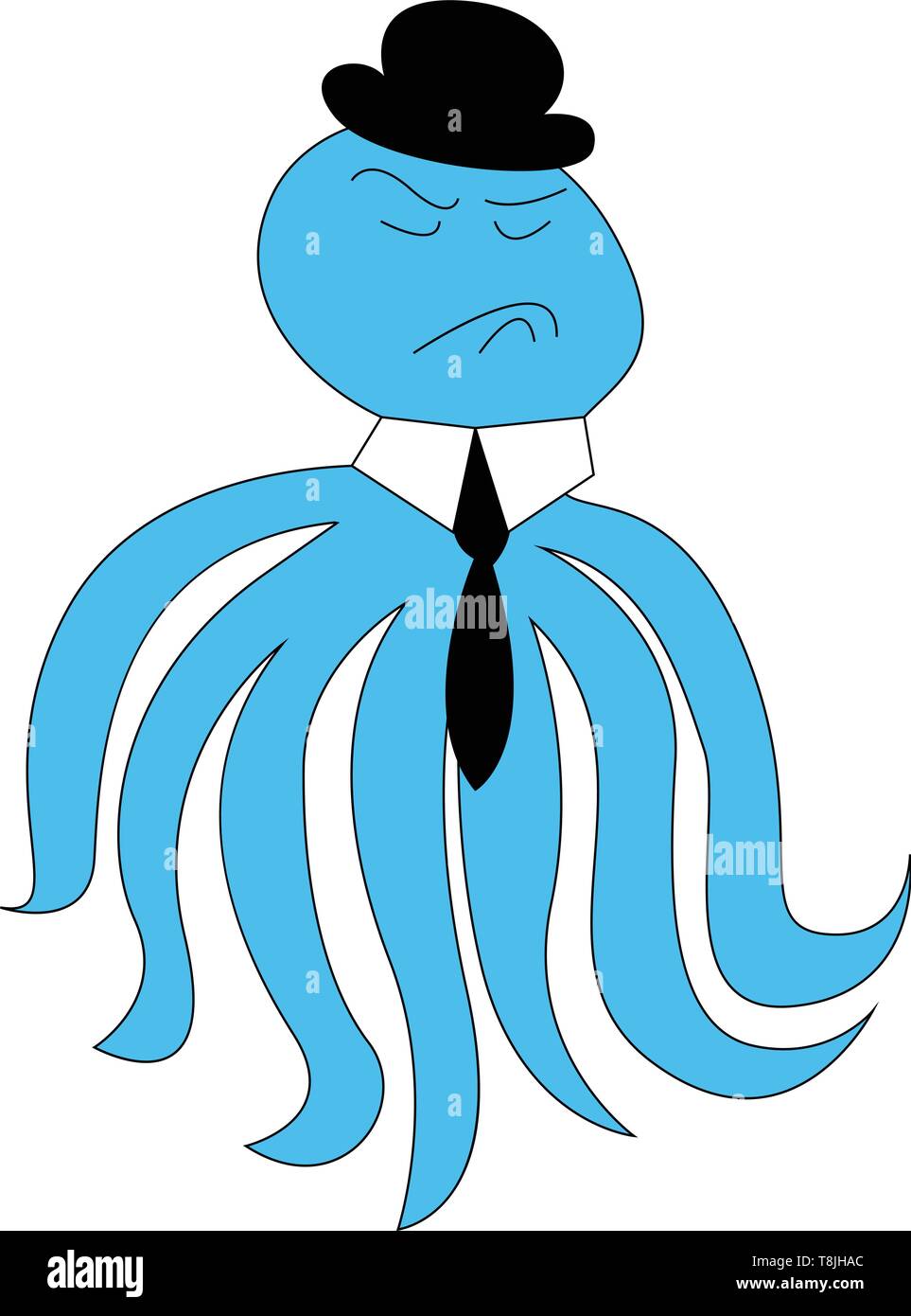 Avec sept tentacules de pieuvre bleu, un chapeau et une cravate, Scénario, dessin en couleur ou d'illustration. Illustration de Vecteur