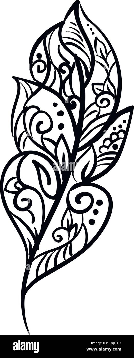 Forme de plumes noir et blanc avec des feuilles tirées à l'intérieur de sa girouette., Scénario, dessin en couleur ou d'illustration. Illustration de Vecteur