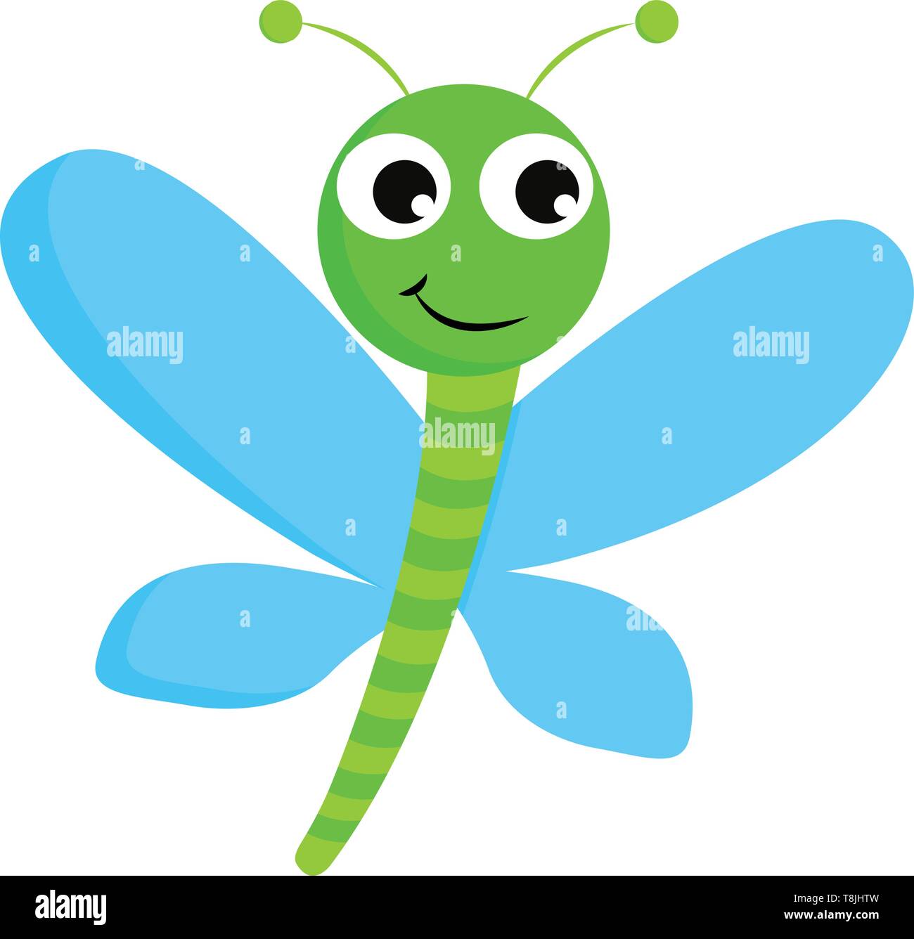 Libellule verte avec le corps et l'antenne, de grands yeux et Blue Wings, Scénario, dessin en couleur ou d'illustration. Illustration de Vecteur