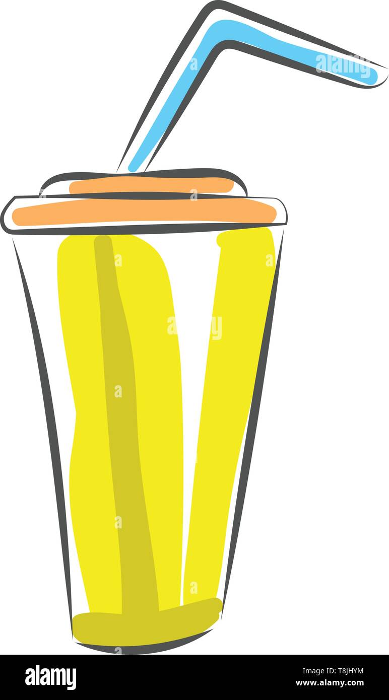 Une tasse jaune avec un couvercle orange et d'une longue paille bleu, Scénario, dessin en couleur ou d'illustration. Illustration de Vecteur