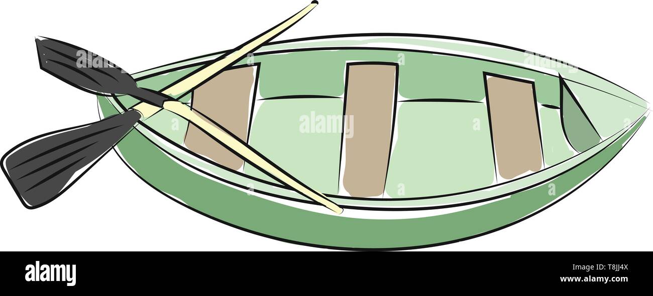 Un bateau vert brun avec sièges, avec deux paddle noir, Scénario, dessin en couleur ou d'illustration. Illustration de Vecteur