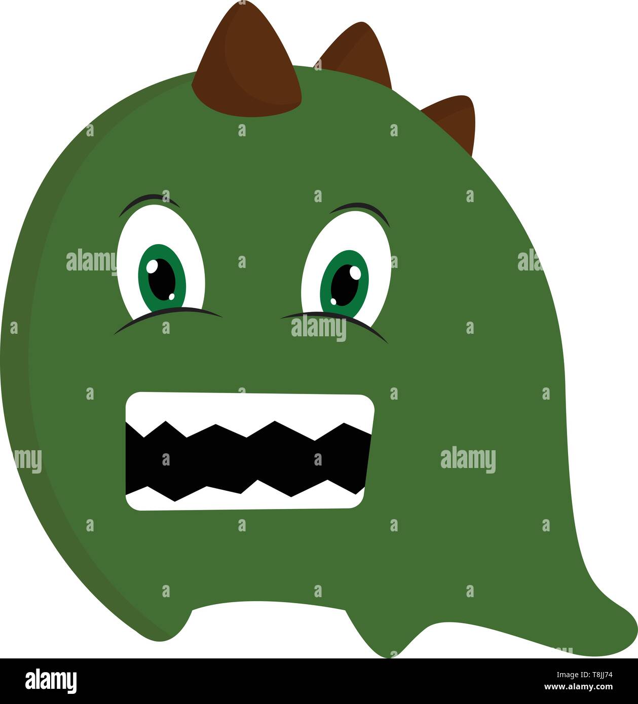 Un monstre vert brun avec cornes, avec des dents pointues, avec de grands yeux, Scénario, dessin en couleur ou d'illustration. Illustration de Vecteur
